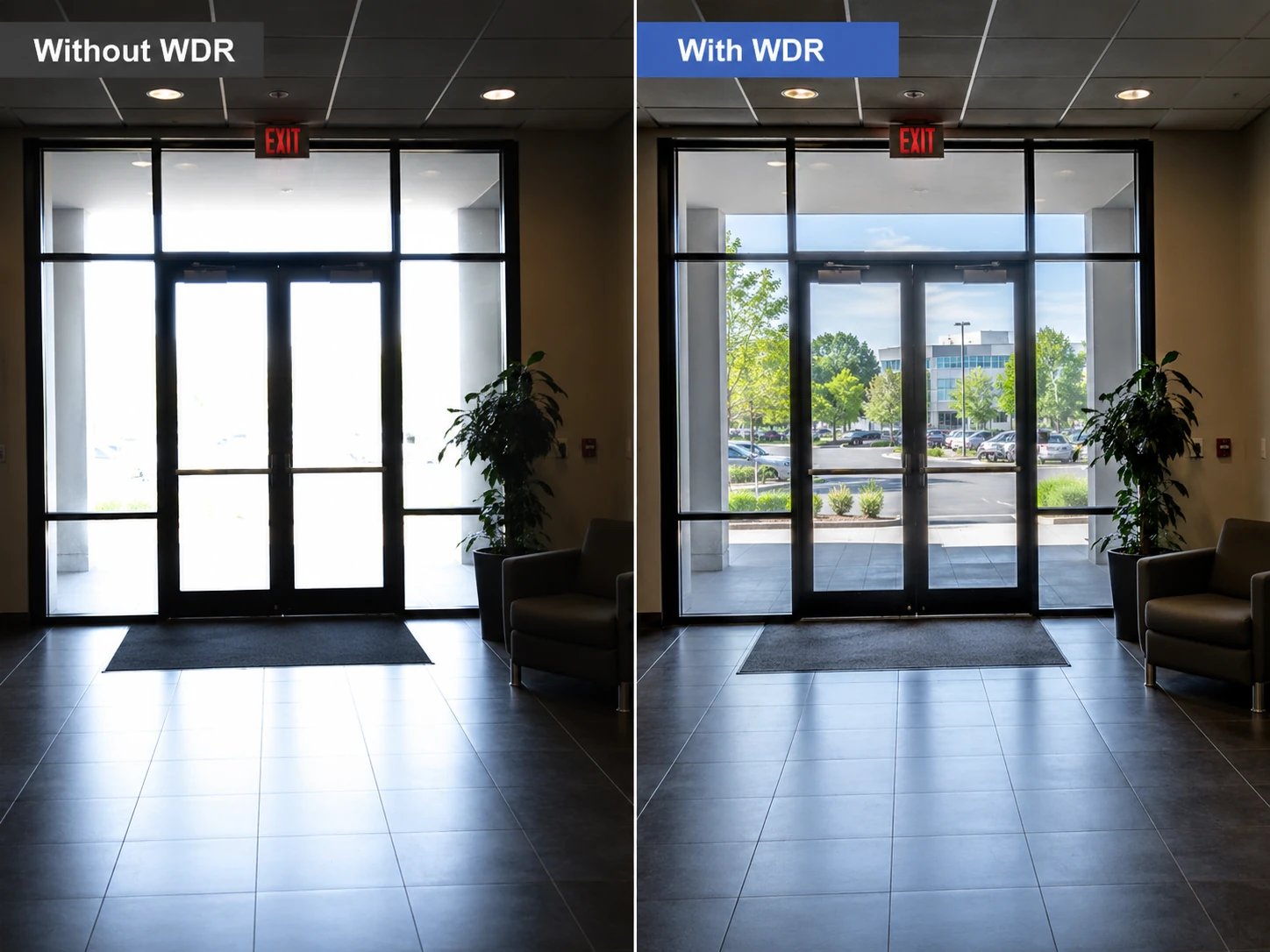 wide dynamic range camera comparison showing balanced doorway surveillance image