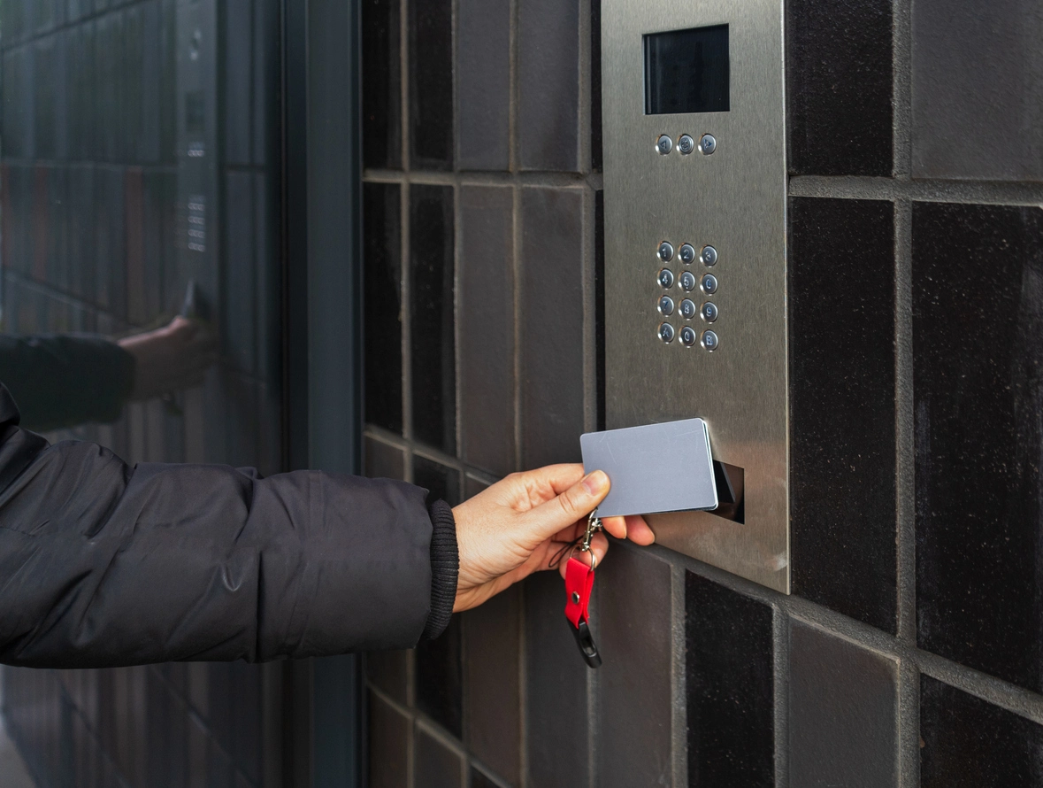 Restricted commercial area protected by controlled access and surveillance