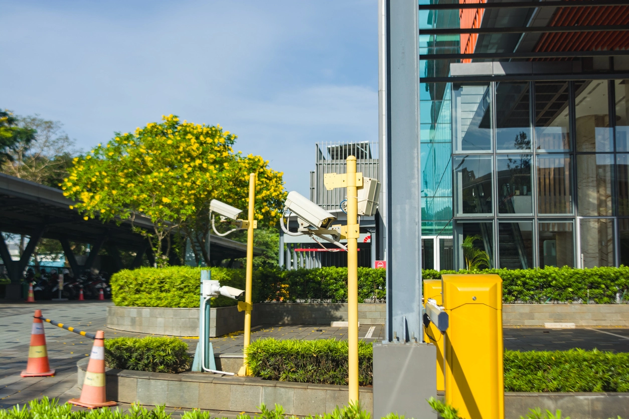 Apartment property perimeter monitored by security cameras