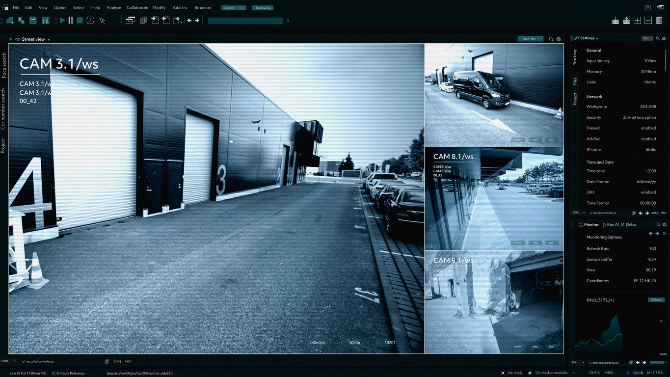 Security camera monitoring loading dock and delivery entrance at data center facility