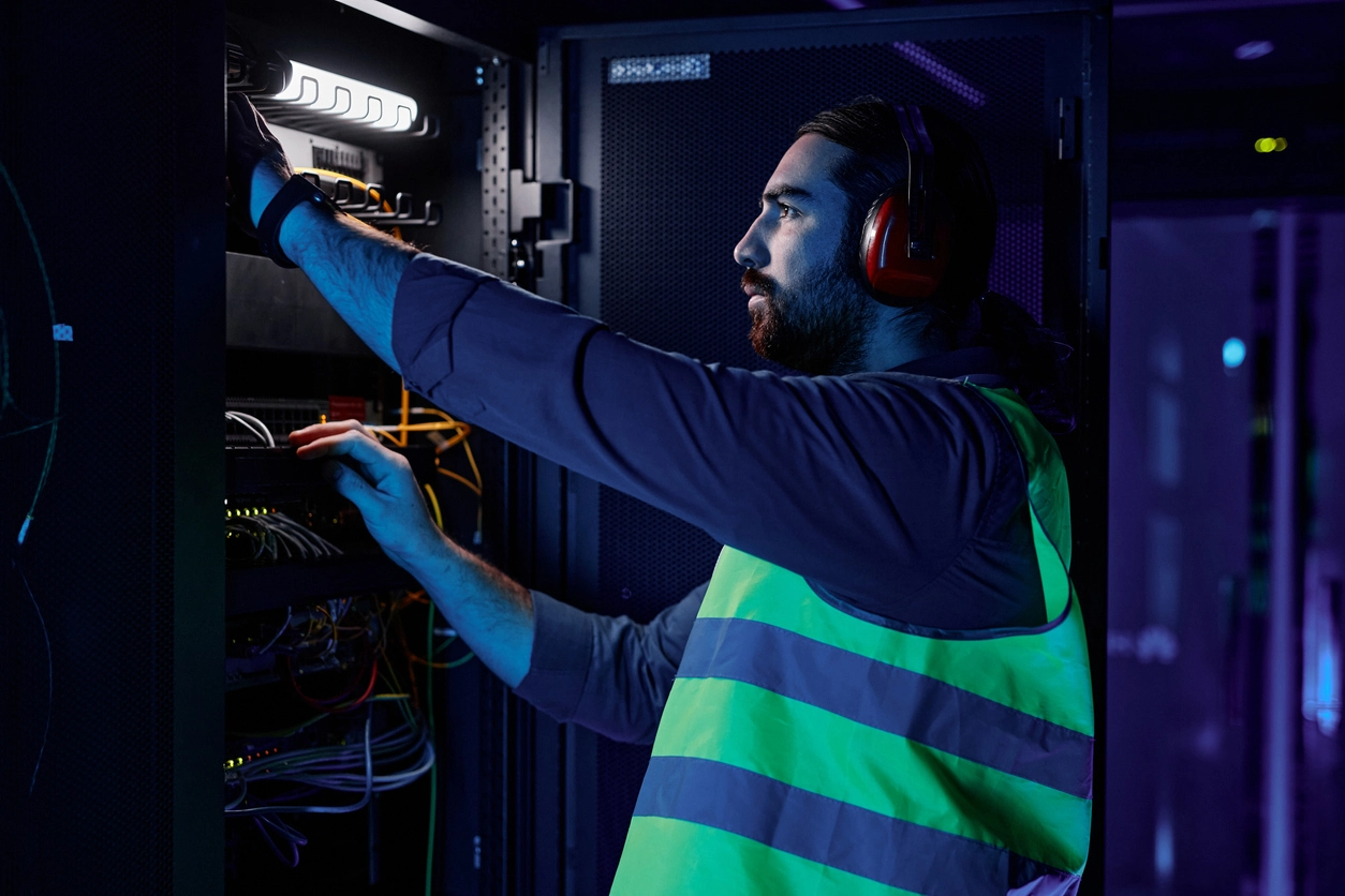Security camera monitoring server racks inside modern data center server room