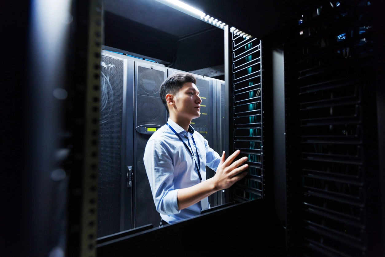 Security camera monitoring server racks in modern data center facility