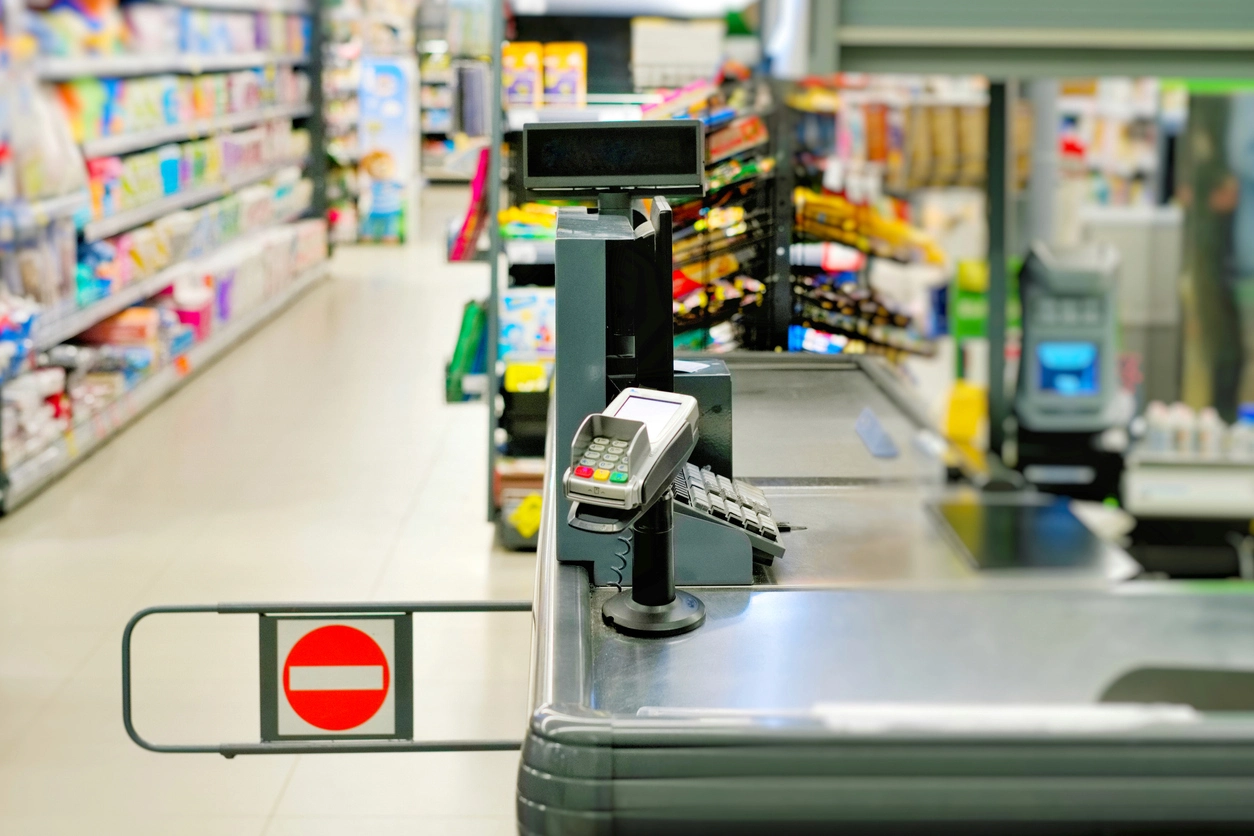 Financial retail entrance and service area monitored by security cameras