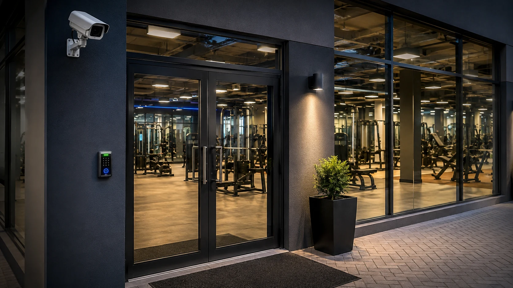 24-hour commercial facility entrance monitored by security cameras and access control