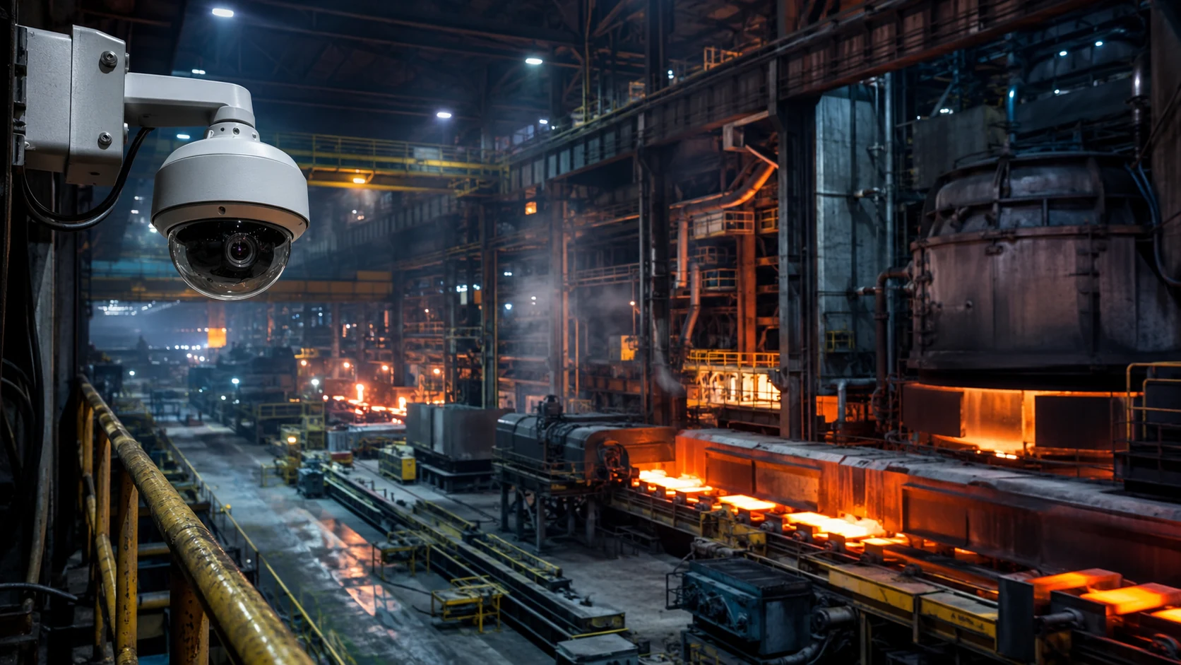 steel mill surveillance cameras monitoring heavy industrial production