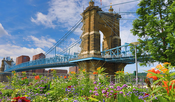 The John A. Roebling Suspension Bridge in Cincinnati, Ohio