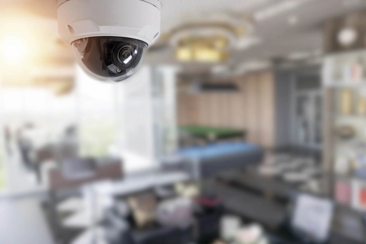 Office lobby monitored by a commercial security camera
