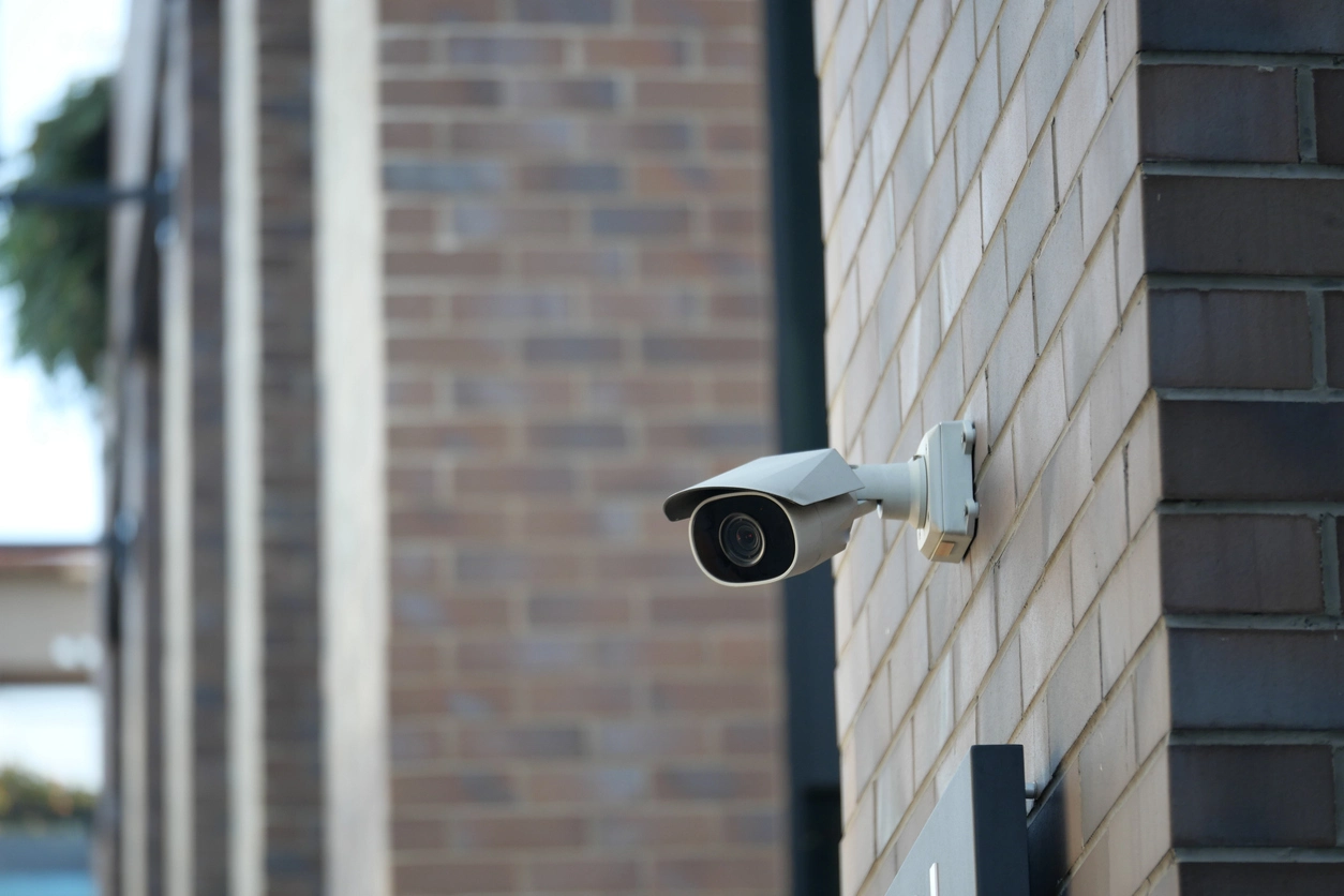 commercial entrance monitored by access control and security cameras