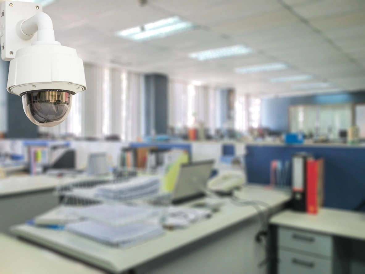 Office lobby monitored by a wide-area commercial security camera