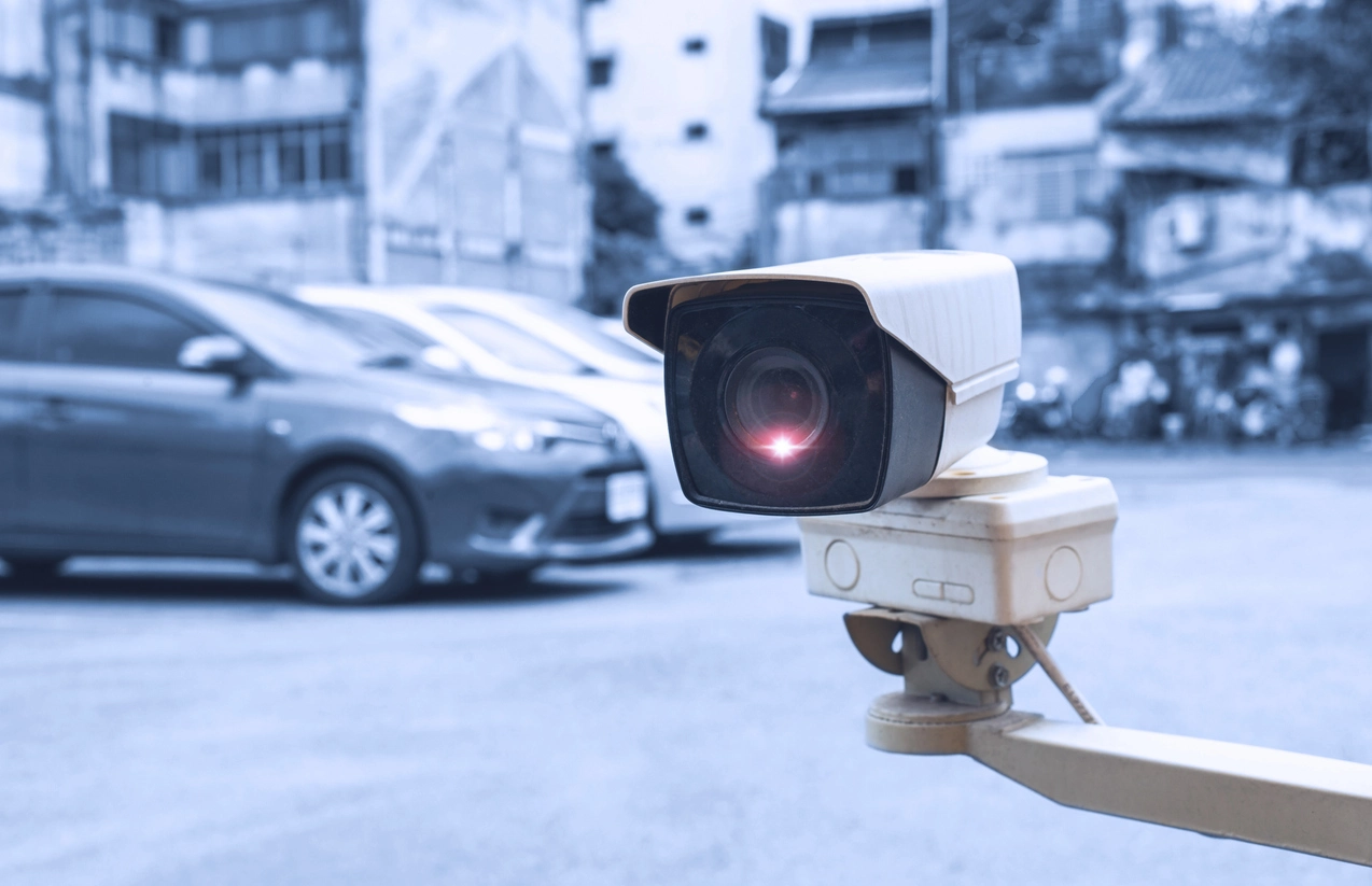 commercial parking lot with full-color nighttime surveillance