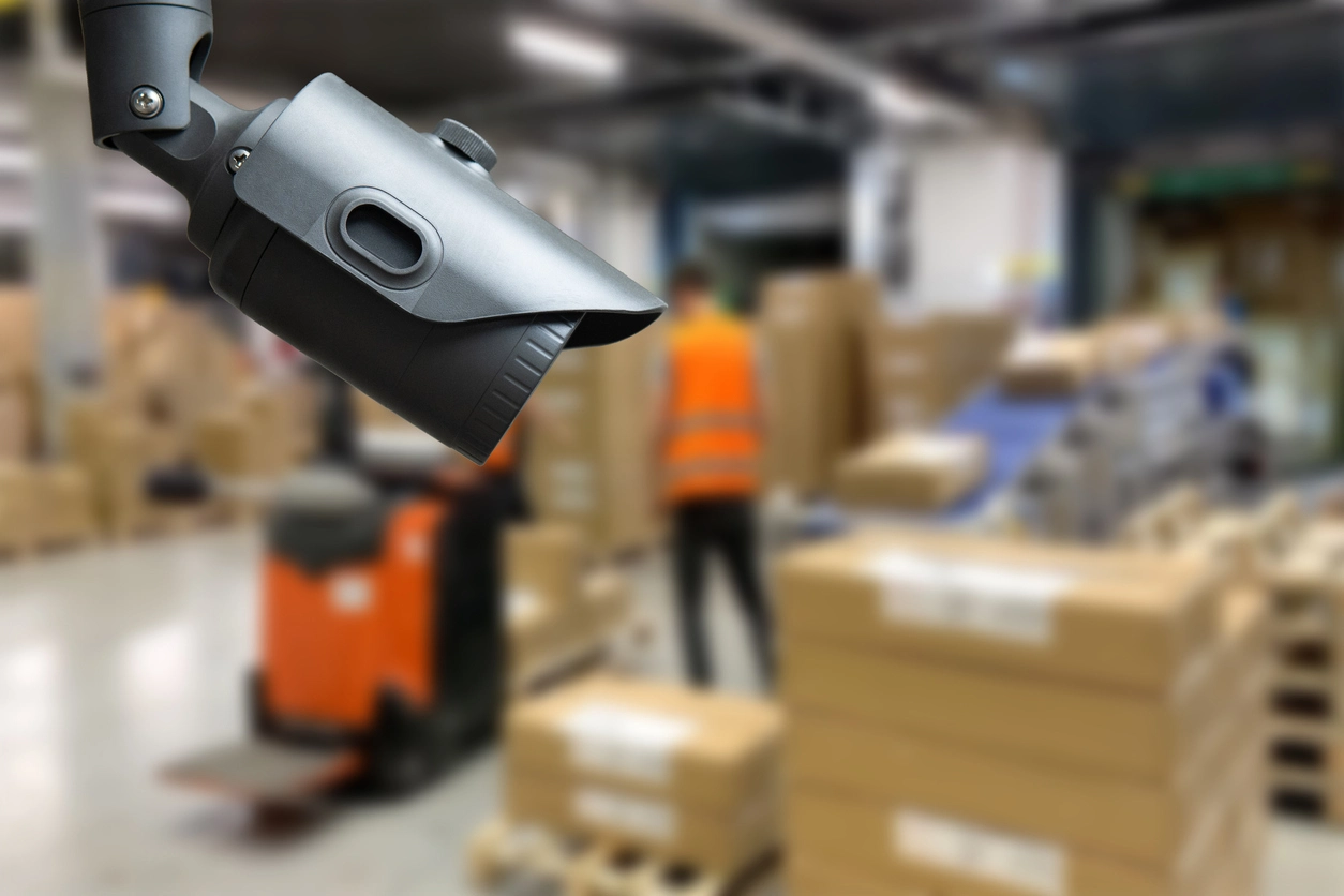 warehouse storage area monitored by motion-activated cameras