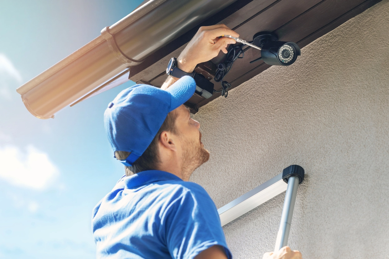 technician installing weatherproof outdoor security camera on commercial building