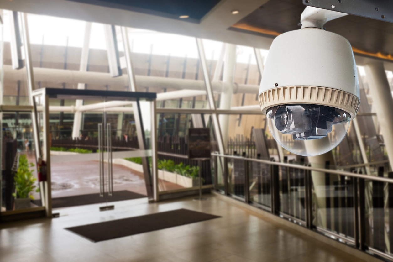 Public building lobby monitored by commercial surveillance