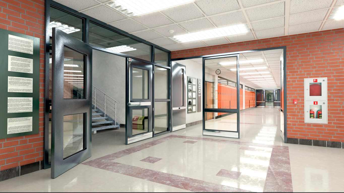 School lobby monitored by commercial security cameras