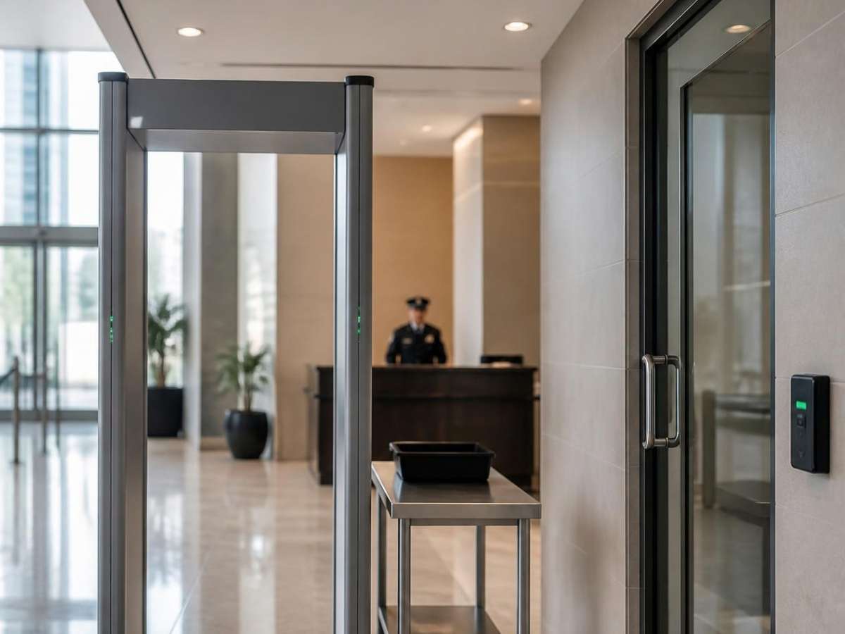 metal detector screening area supported by security cameras and access-controlled doors