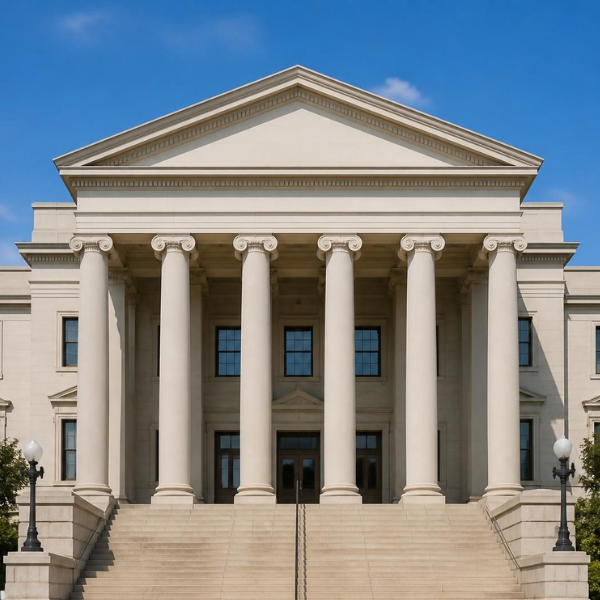 government building entrance with metal detector screening