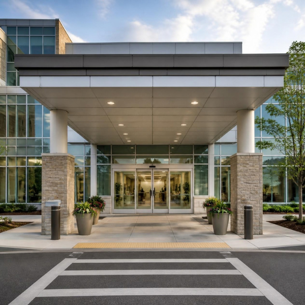hospital entrance with controlled metal detector screening