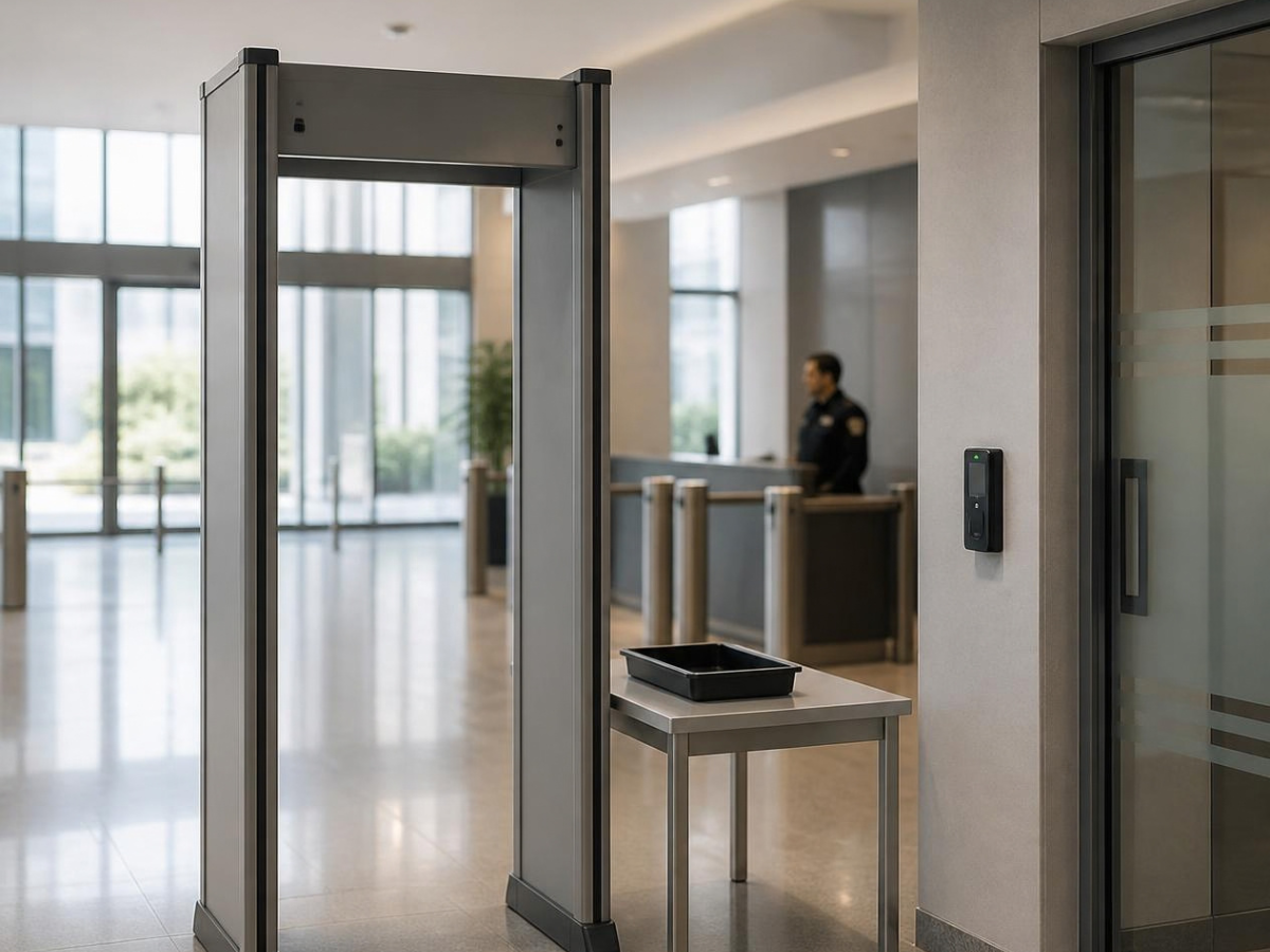 lobby screening lane with a walk-through metal detector and front desk