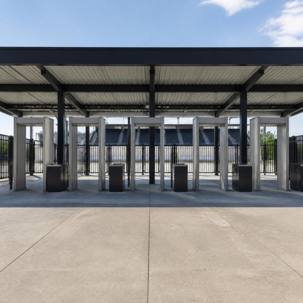 stadium or arena gate with permanent metal detector screening