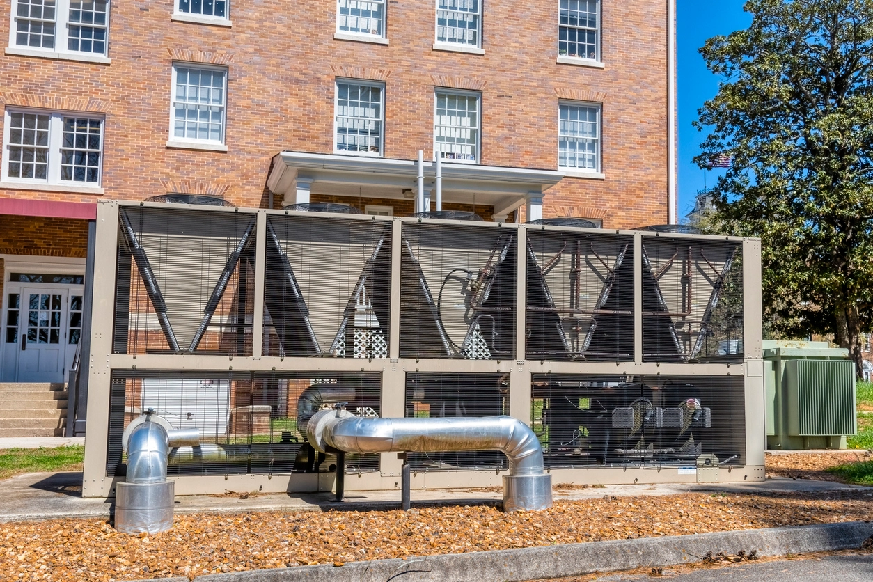 industrial outdoor mechanical equipment protected by security fence