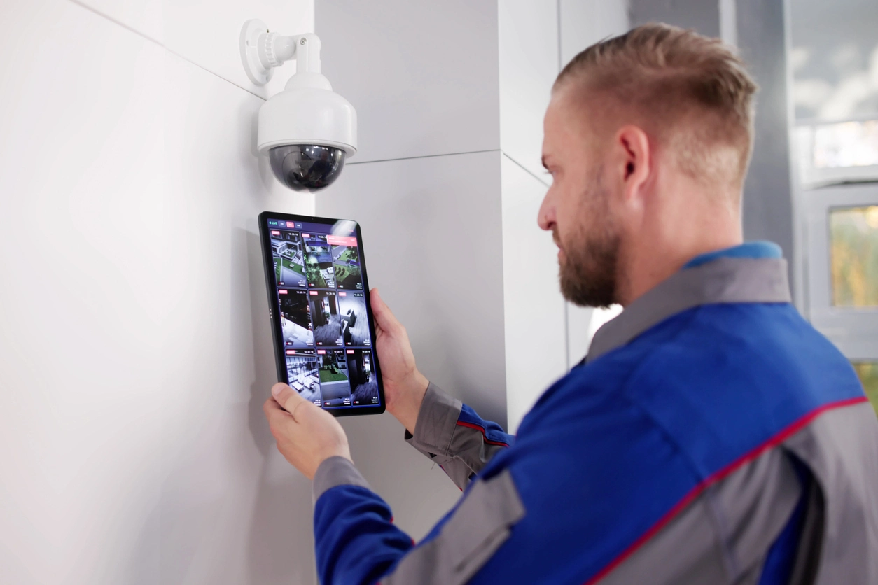 technician helping business user with remote viewing security camera app